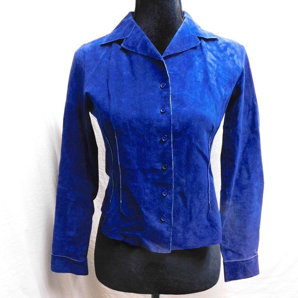 Brandon Thomas Petite XS Cobalt Blue Leather Button Down Blouse Jacket Like New